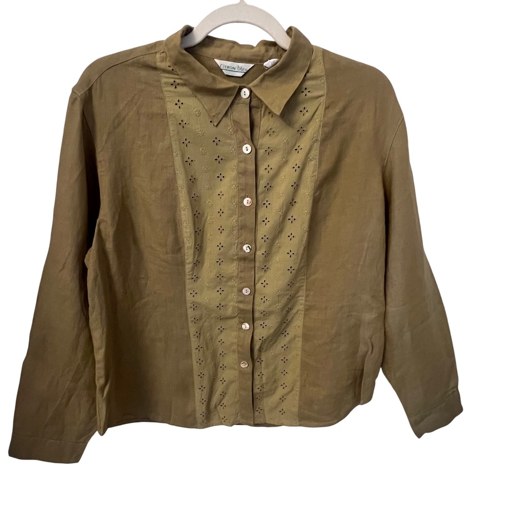 Citron Bleu NWT 100% Linen Eyelet Button Up Shirt Olive Green Women's Large
